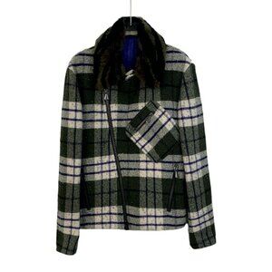 Bottega Veneta Plaid Wool Jacket With Faux Fur Collar Made In Italy Size 50 Gree